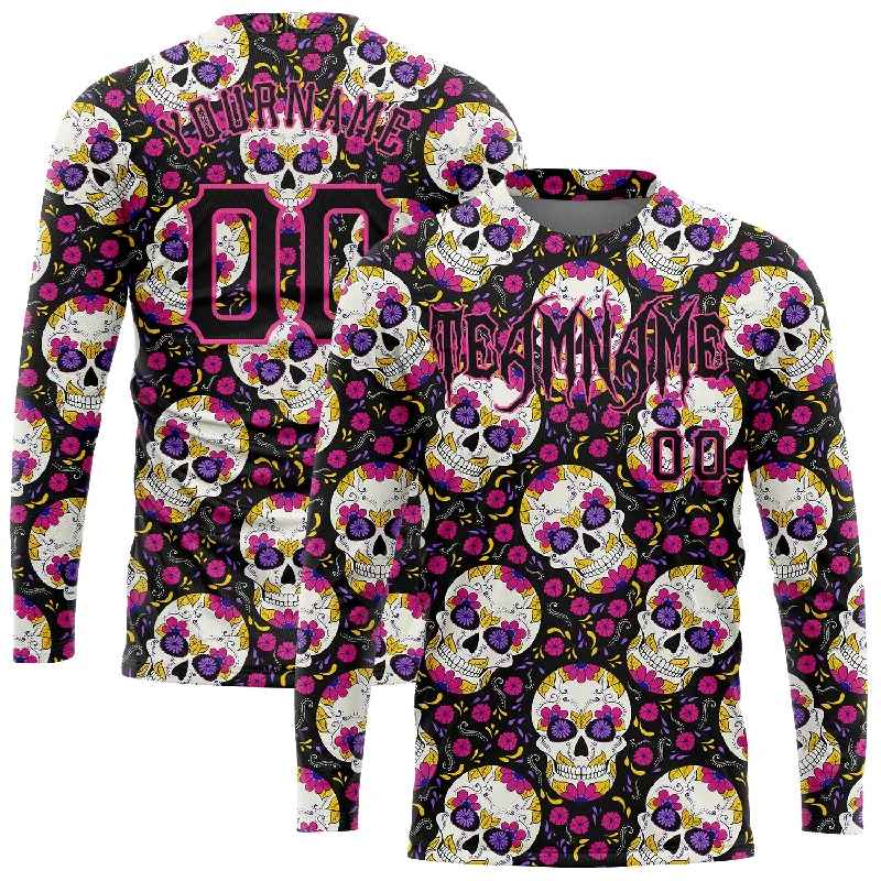 Functional And Stylish Unisex Outerwear Discover Now Custom 3D Pattern Halloween Skulls With Floral Long Sleeve Performance T-Shirt