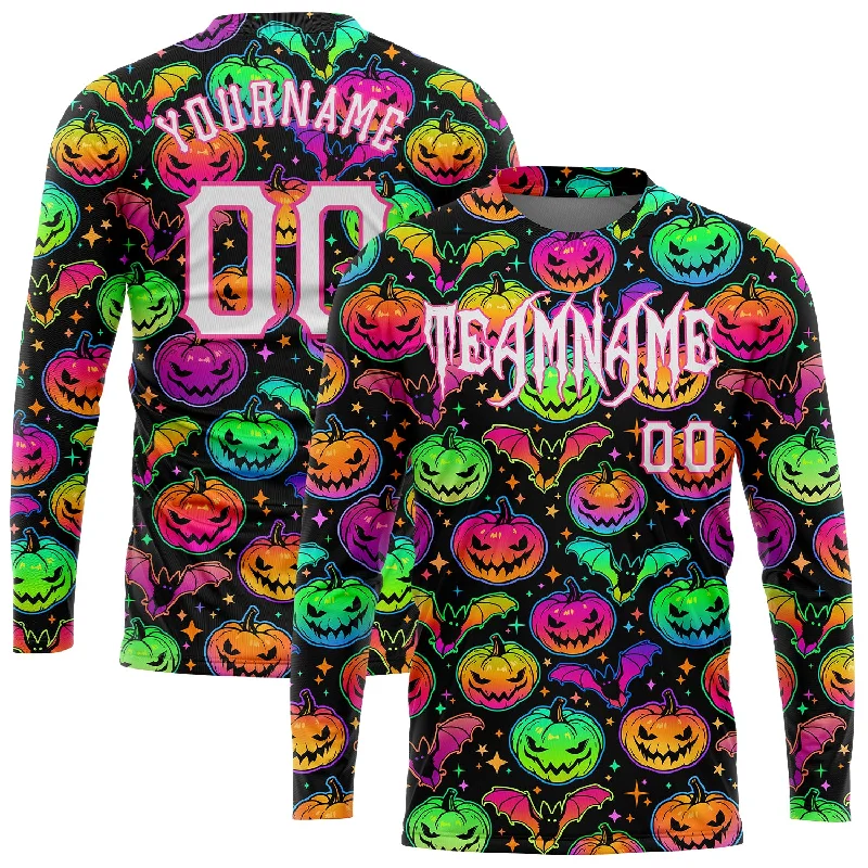 High-Quality Unisex Fashion Basics Low Price Special Custom 3D Pattern Bright Multicolored Halloween Pumpkins And Bats Long Sleeve Performance T-Shirt