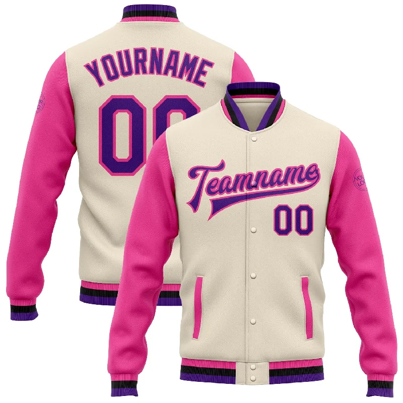 Gender-Neutral Clothing Styles Style Redefined Custom Cream Aqua Purple Pink-Black Bomber Full-Snap Varsity Letterman Two Tone Jacket Gender-Neutral Clothing Styles Style Redefined Custom Cream Aqua Purple Pink-Black Bomber Full-Snap Varsity Letterman Two Tone Jacket