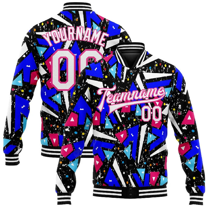 Casual And Trendy Unisex Fashion Staples Stupidly Low Prices Custom Graffiti Pattern White-Pink Modern Geometric Grunge Art 3D Bomber Full-Snap Varsity Letterman Jacket Casual And Trendy Unisex Fashion Staples Stupidly Low Prices Custom Graffiti Pattern White-Pink Modern Geometric Grunge Art 3D Bomber Full-Snap Varsity Letterman Jacket