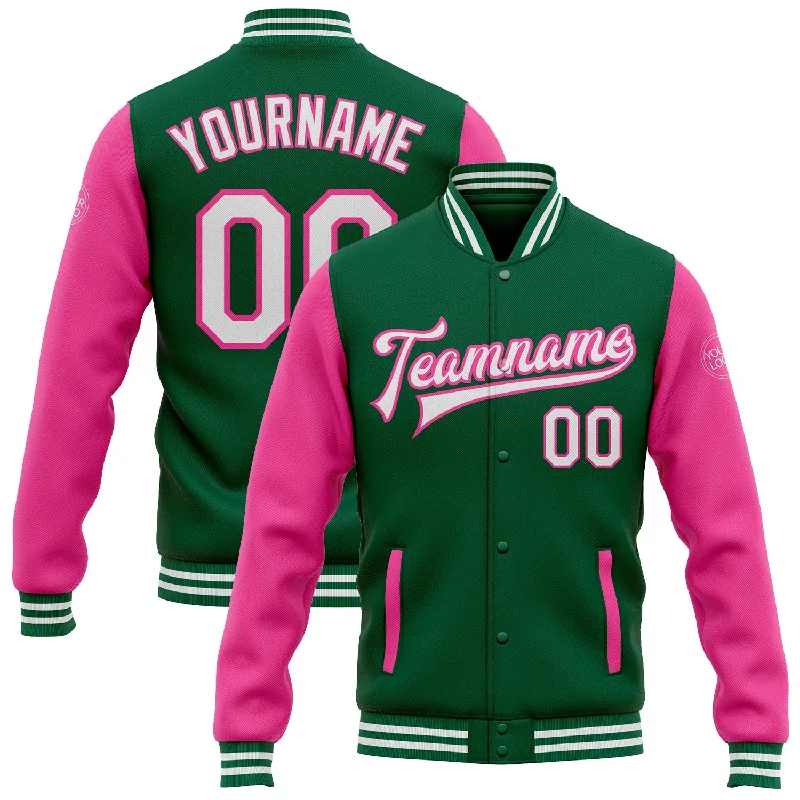 High-Quality Unisex Basics For Everyday Wear Trend Alert Custom Kelly Green White-Pink Bomber Full-Snap Varsity Letterman Two Tone Jacket High-Quality Unisex Basics For Everyday Wear Trend Alert Custom Kelly Green White-Pink Bomber Full-Snap Varsity Letterman Two Tone Jacket