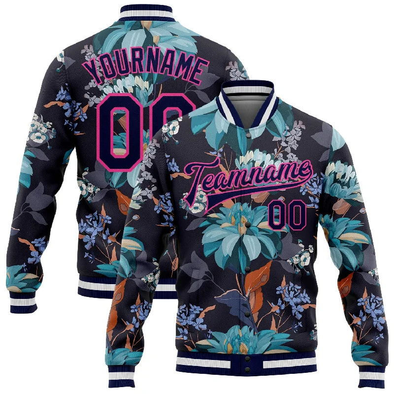 Casual Yet Sophisticated Unisex Fashion Urban Fashion Custom Navy Pink Flowers 3D Pattern Design Bomber Full-Snap Varsity Letterman Jacket