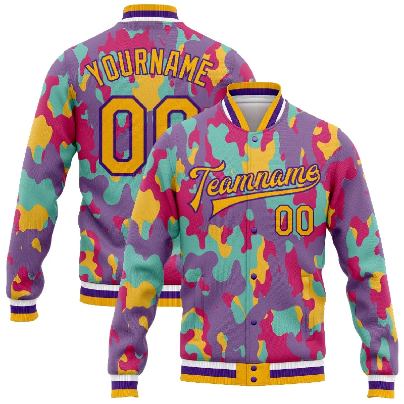 Classic And Timeless Unisex Style Classic Elegance Sales Custom Camo Gold-Purple Fluorescent Camouflage 3D Bomber Full-Snap Varsity Letterman Salute To Service Jacket