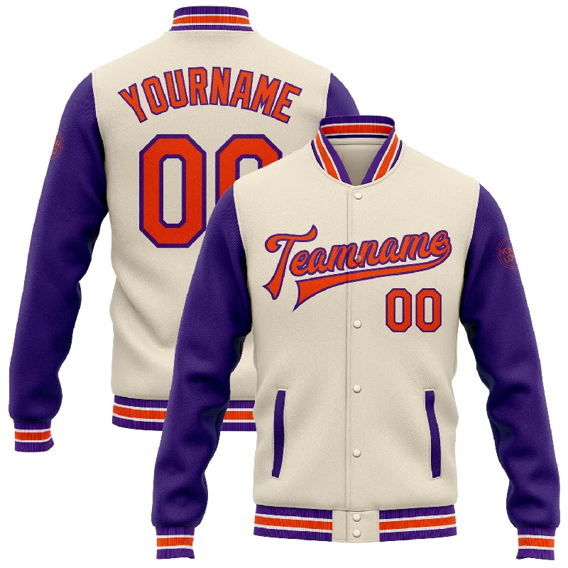 Urban-Inspired Unisex Fashion Trends Big Discounts Custom Cream Orange-Purple Bomber Full-Snap Varsity Letterman Two Tone Jacket Urban-Inspired Unisex Fashion Trends Big Discounts Custom Cream Orange-Purple Bomber Full-Snap Varsity Letterman Two Tone Jacket