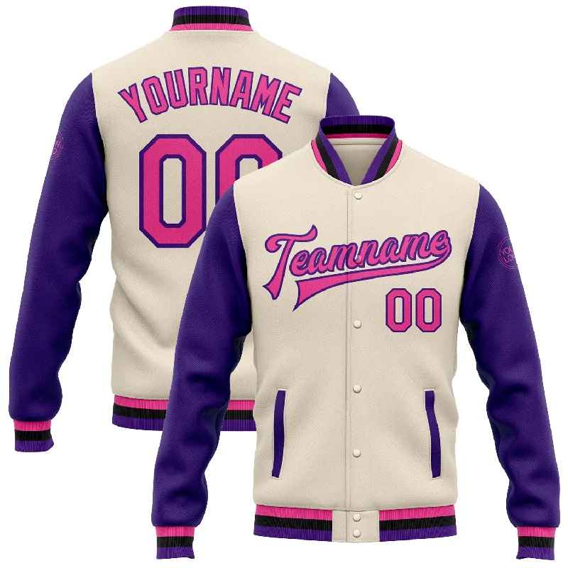 Classic And Timeless Gender-Neutral Fashion Mega Sales Custom Cream Pink Purple-Black Bomber Full-Snap Varsity Letterman Two Tone Jacket Classic And Timeless Gender-Neutral Fashion Mega Sales Custom Cream Pink Purple-Black Bomber Full-Snap Varsity Letterman Two Tone Jacket