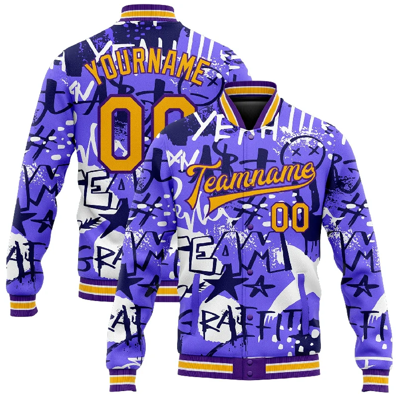 Casual Yet Sophisticated Unisex Fashion Mega Sales Custom Graffiti Pattern Gold-Purple Grunge Street Art 3D Bomber Full-Snap Varsity Letterman Jacket Casual Yet Sophisticated Unisex Fashion Mega Sales Custom Graffiti Pattern Gold-Purple Grunge Street Art 3D Bomber Full-Snap Varsity Letterman Jacket