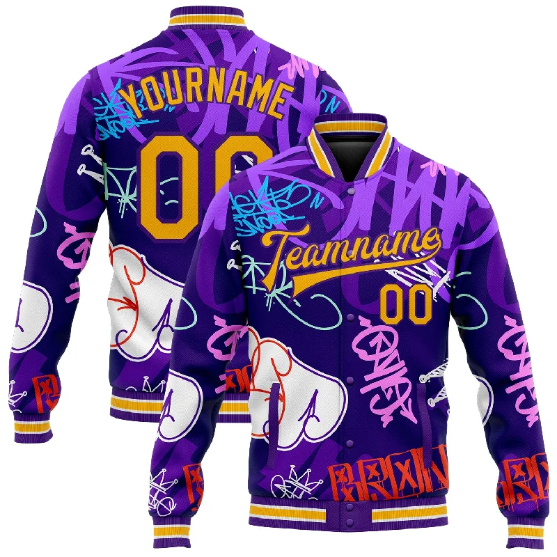 Modern Unisex Streetwear Outfits Style Without Limits Custom Graffiti Pattern Gold-Purple Hiphop Urban Street Art 3D Bomber Full-Snap Varsity Letterman Jacket Modern Unisex Streetwear Outfits Style Without Limits Custom Graffiti Pattern Gold-Purple Hiphop Urban Street Art 3D Bomber Full-Snap Varsity Letterman Jacket