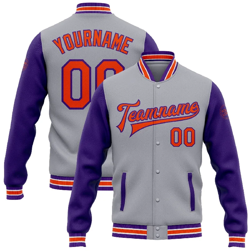 Relaxed-Fit Unisex Fashion For All-Day Comfort Sleek Style Discounts Custom Gray Orange-Purple Bomber Full-Snap Varsity Letterman Two Tone Jacket Relaxed-Fit Unisex Fashion For All-Day Comfort Sleek Style Discounts Custom Gray Orange-Purple Bomber Full-Snap Varsity Letterman Two Tone Jacket