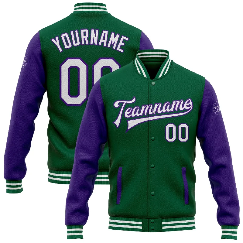 High-Quality Unisex Fashion Basics Best-Sellers Custom Kelly Green White-Purple Bomber Full-Snap Varsity Letterman Two Tone Jacket High-Quality Unisex Fashion Basics Best-Sellers Custom Kelly Green White-Purple Bomber Full-Snap Varsity Letterman Two Tone Jacket