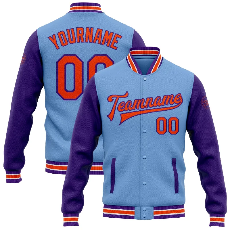 Comfortable Gender-Free Fashion Choices Style Revolution Custom Light Blue Orange-Purple Bomber Full-Snap Varsity Letterman Two Tone Jacket Comfortable Gender-Free Fashion Choices Style Revolution Custom Light Blue Orange-Purple Bomber Full-Snap Varsity Letterman Two Tone Jacket