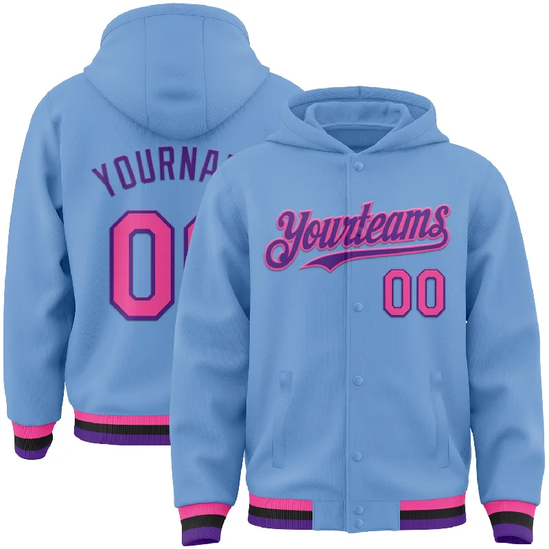 Minimalist Unisex Fashion Must-Haves Premium Style Custom Light Blue Pink Purple-Black Bomber Full-Snap Varsity Letterman Hoodie Jacket Minimalist Unisex Fashion Must-Haves Premium Style Custom Light Blue Pink Purple-Black Bomber Full-Snap Varsity Letterman Hoodie Jacket
