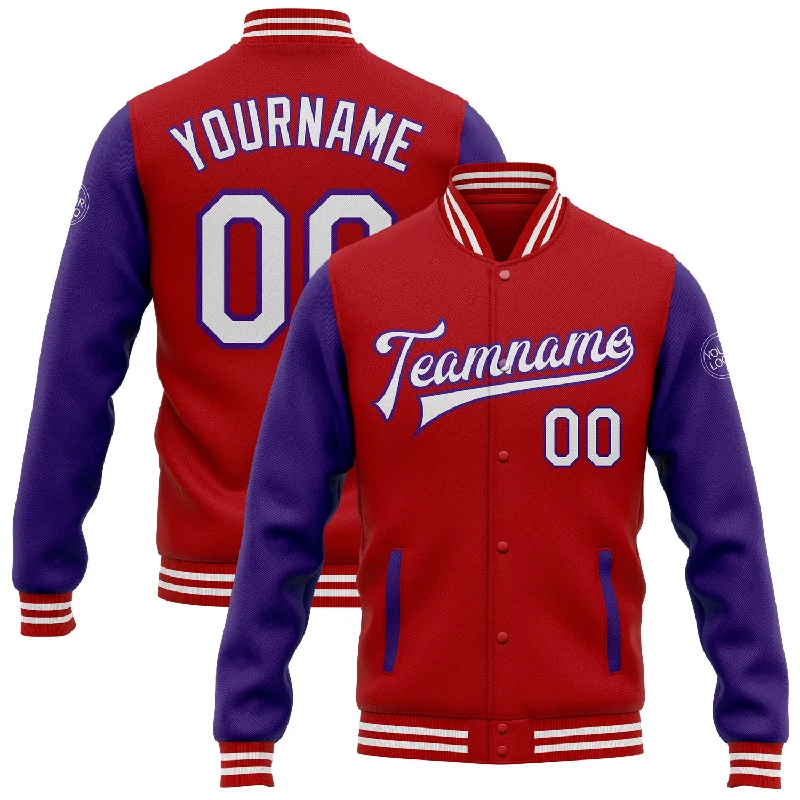 Unisex Casual Wear For All Seasons Stylish Statements Custom Red White-Purple Bomber Full-Snap Varsity Letterman Two Tone Jacket