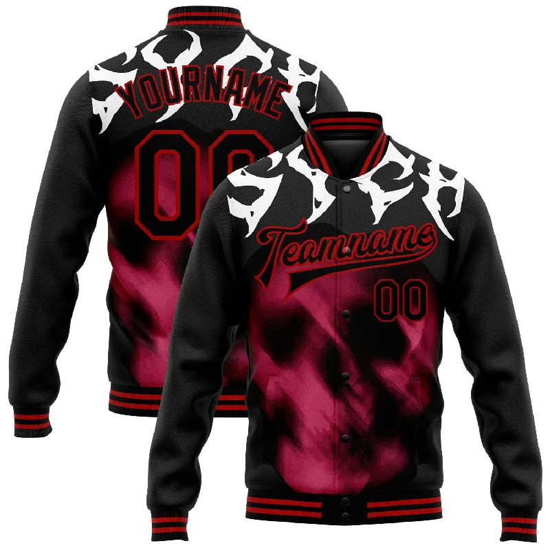 Relaxed-Fit Unisex Fashion For All-Day Comfort Avant-Garde Style Promotions Custom Black Red Skull Fashion 3D Bomber Full-Snap Varsity Letterman Jacket Relaxed-Fit Unisex Fashion For All-Day Comfort Avant-Garde Style Promotions Custom Black Red Skull Fashion 3D Bomber Full-Snap Varsity Letterman Jacket