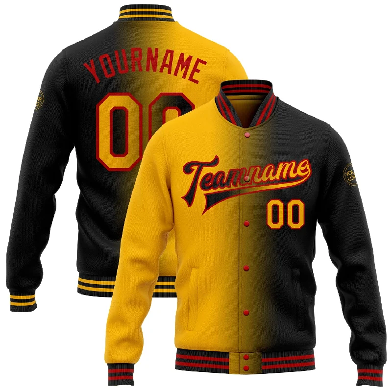 Classic Unisex Fashion Looks Fashion Frontiers Custom Black Gold-Red Bomber Full-Snap Varsity Letterman Gradient Fashion Jacket Classic Unisex Fashion Looks Fashion Frontiers Custom Black Gold-Red Bomber Full-Snap Varsity Letterman Gradient Fashion Jacket