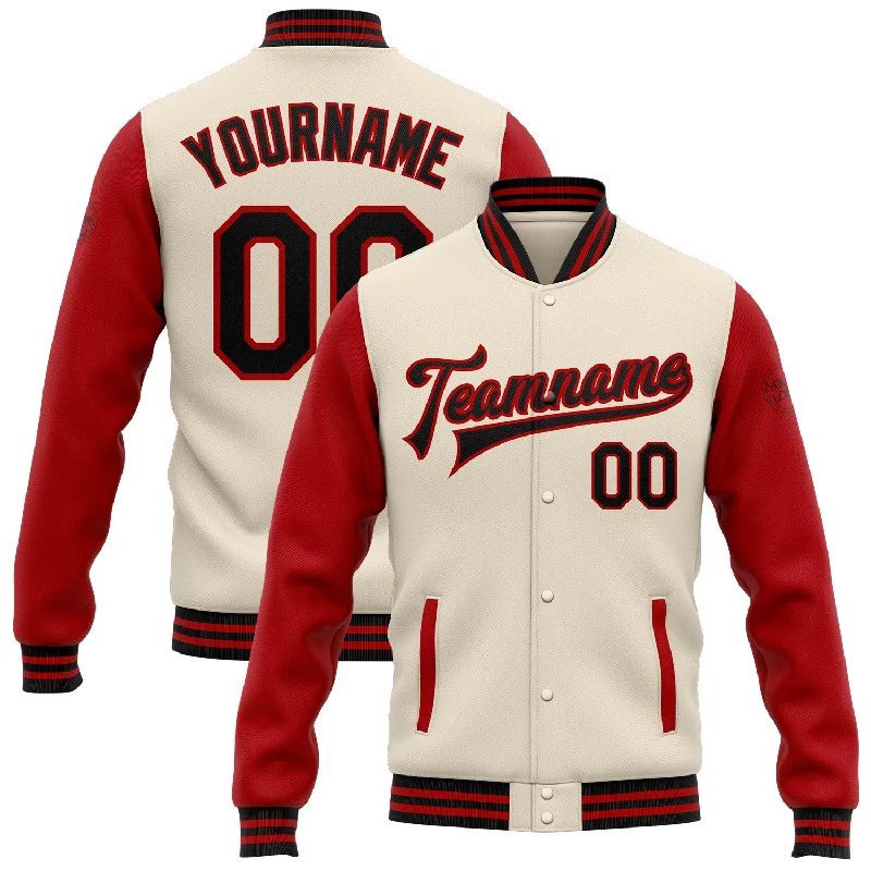 Sustainable And Ethical Unisex Clothing Chic And Edgy Custom Cream Black-Red Bomber Full-Snap Varsity Letterman Two Tone Jacket Sustainable And Ethical Unisex Clothing Chic And Edgy Custom Cream Black-Red Bomber Full-Snap Varsity Letterman Two Tone Jacket