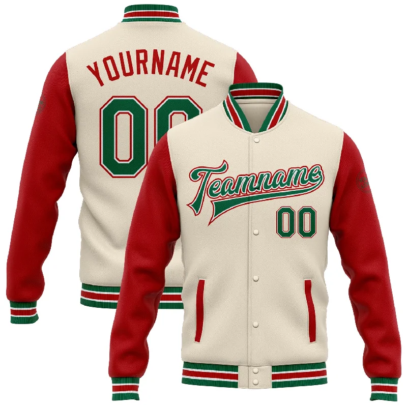 Sleek And Stylish Unisex Outerwear Flash Sale, Don'T Miss Custom Cream Kelly Green-Red Bomber Full-Snap Varsity Letterman Two Tone Jacket Sleek And Stylish Unisex Outerwear Flash Sale, Don'T Miss Custom Cream Kelly Green-Red Bomber Full-Snap Varsity Letterman Two Tone Jacket