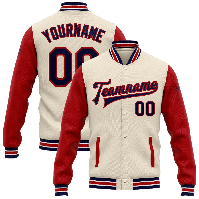 Versatile Gender-Free Wardrobe Essentials Comfortable Chic Custom Cream Navy-Red Bomber Full-Snap Varsity Letterman Two Tone Jacket Versatile Gender-Free Wardrobe Essentials Comfortable Chic Custom Cream Navy-Red Bomber Full-Snap Varsity Letterman Two Tone Jacket