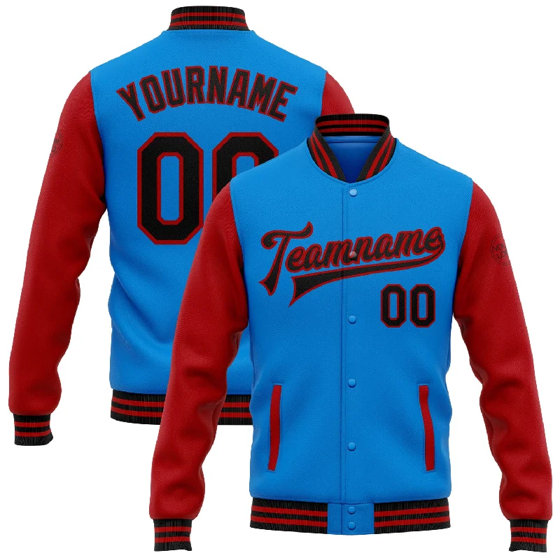 Gender-Neutral Fashion For Everyday Style Feminine Style Promotions Custom Powder Blue Black-Red Bomber Full-Snap Varsity Letterman Two Tone Jacket Gender-Neutral Fashion For Everyday Style Feminine Style Promotions Custom Powder Blue Black-Red Bomber Full-Snap Varsity Letterman Two Tone Jacket
