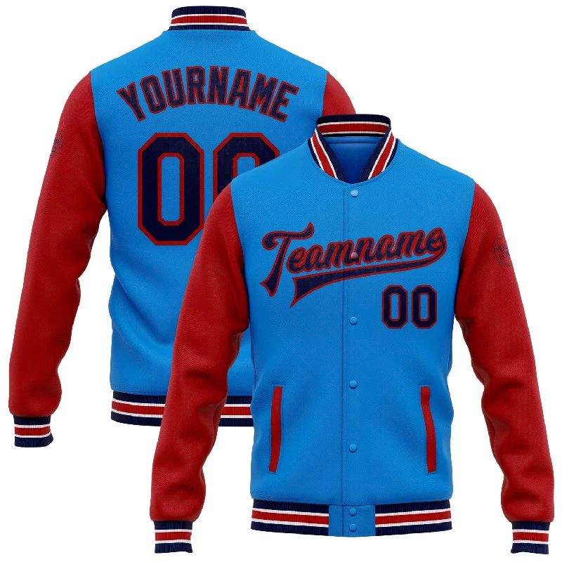 Sleek And Stylish Unisex Outerwear Bold Fashion Sales Custom Powder Blue Navy-Red Bomber Full-Snap Varsity Letterman Two Tone Jacket Sleek And Stylish Unisex Outerwear Bold Fashion Sales Custom Powder Blue Navy-Red Bomber Full-Snap Varsity Letterman Two Tone Jacket