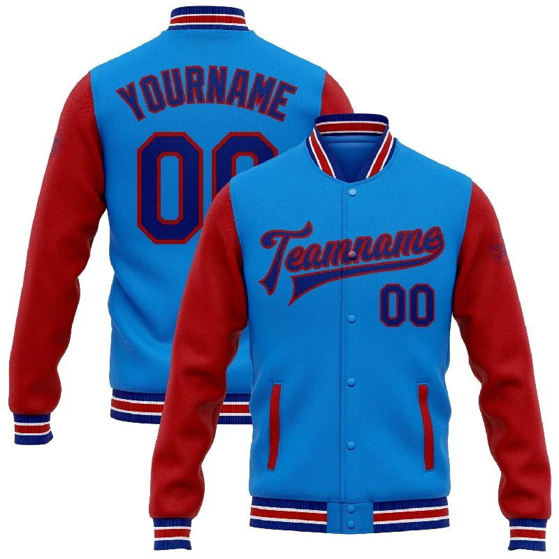 Modern Unisex Wardrobe Staples Elevated Casual Discounts Custom Powder Blue Royal-Red Bomber Full-Snap Varsity Letterman Two Tone Jacket Modern Unisex Wardrobe Staples Elevated Casual Discounts Custom Powder Blue Royal-Red Bomber Full-Snap Varsity Letterman Two Tone Jacket
