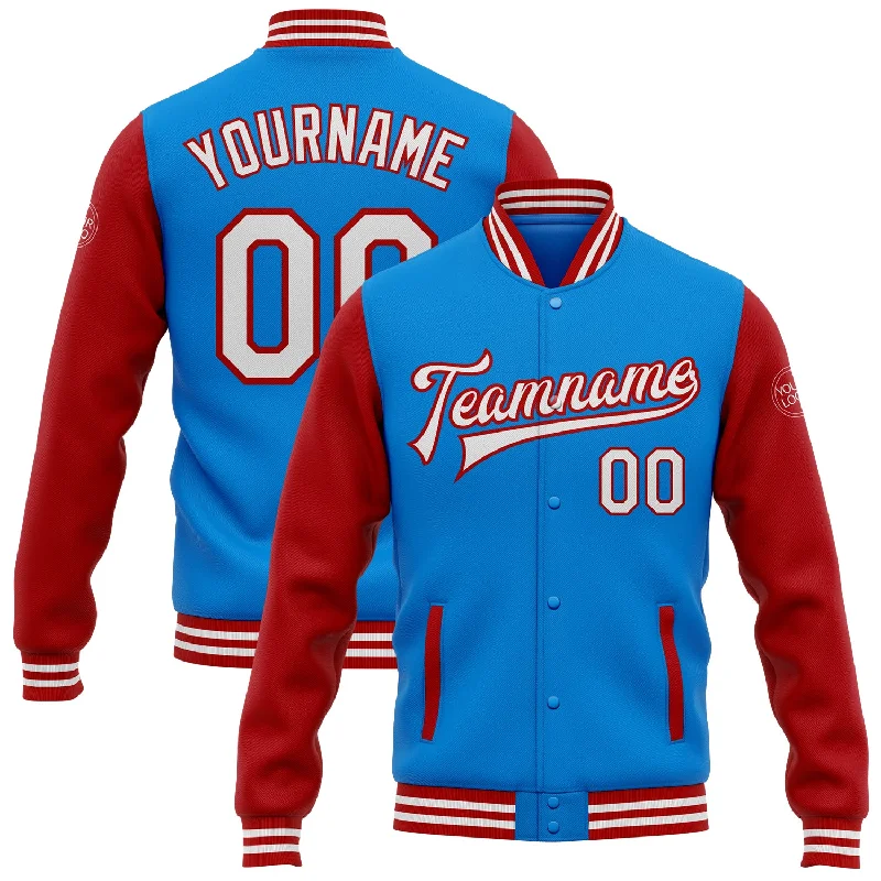 Versatile Gender-Free Wardrobe Essentials Easy Elegance Sales Custom Powder Blue White-Red Bomber Full-Snap Varsity Letterman Two Tone Jacket Versatile Gender-Free Wardrobe Essentials Easy Elegance Sales Custom Powder Blue White-Red Bomber Full-Snap Varsity Letterman Two Tone Jacket