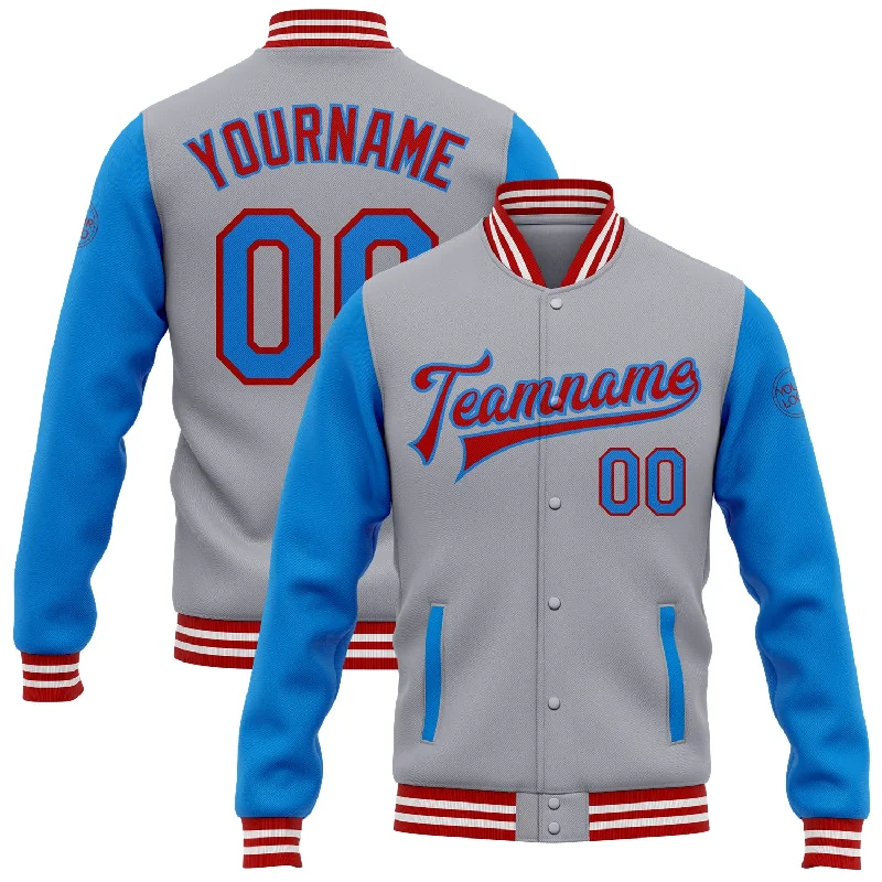 Trendy Unisex Limited Time Special Offer Custom Gray Powder Blue-Red Bomber Full-Snap Varsity Letterman Two Tone Jacket Trendy Unisex Limited Time Special Offer Custom Gray Powder Blue-Red Bomber Full-Snap Varsity Letterman Two Tone Jacket