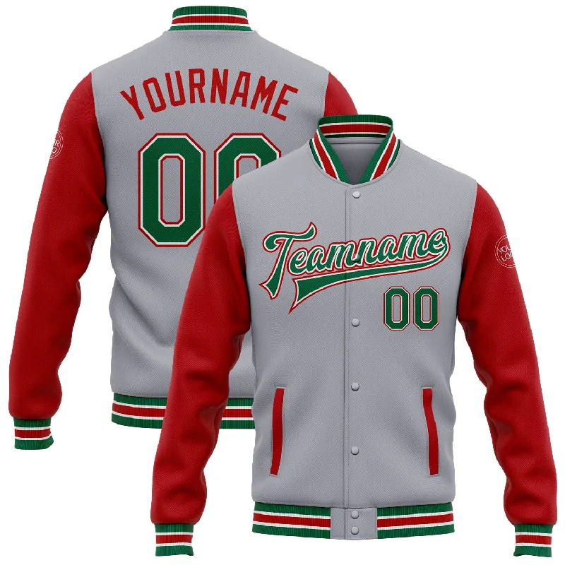 Oversized And Relaxed Unisex Fashion Must Haves Custom Gray Kelly Green-Red Bomber Full-Snap Varsity Letterman Two Tone Jacket Oversized And Relaxed Unisex Fashion Must Haves Custom Gray Kelly Green-Red Bomber Full-Snap Varsity Letterman Two Tone Jacket