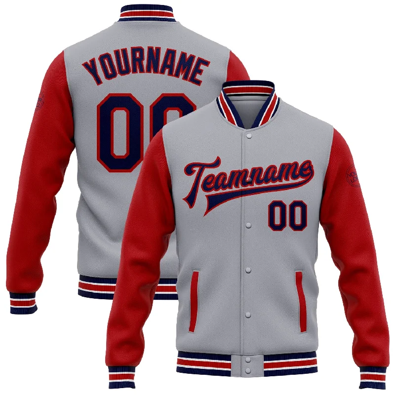 High-Quality Unisex Basics For All Occasions Massive Savings Custom Gray Navy-Red Bomber Full-Snap Varsity Letterman Two Tone Jacket High-Quality Unisex Basics For All Occasions Massive Savings Custom Gray Navy-Red Bomber Full-Snap Varsity Letterman Two Tone Jacket