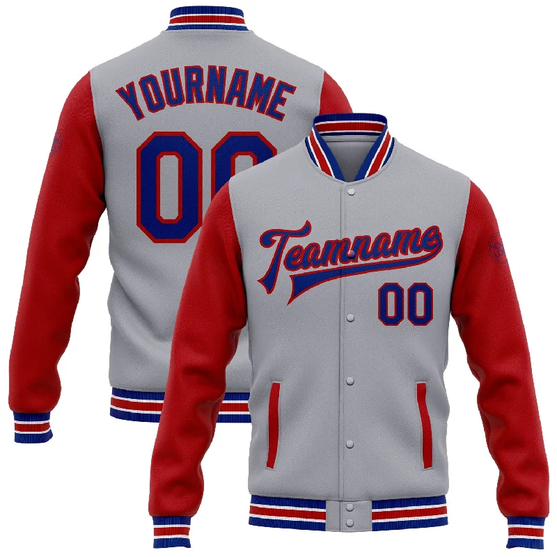 Lightweight And Breathable Unisex Wear Season Offer Custom Gray Royal-Red Bomber Full-Snap Varsity Letterman Two Tone Jacket Lightweight And Breathable Unisex Wear Season Offer Custom Gray Royal-Red Bomber Full-Snap Varsity Letterman Two Tone Jacket