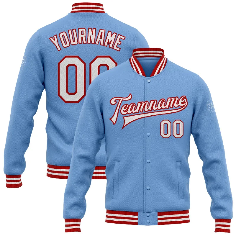 Elegant And Minimal Gender-Free Clothing Budget Friendly Custom Light Blue White-Red Bomber Full-Snap Varsity Letterman Jacket