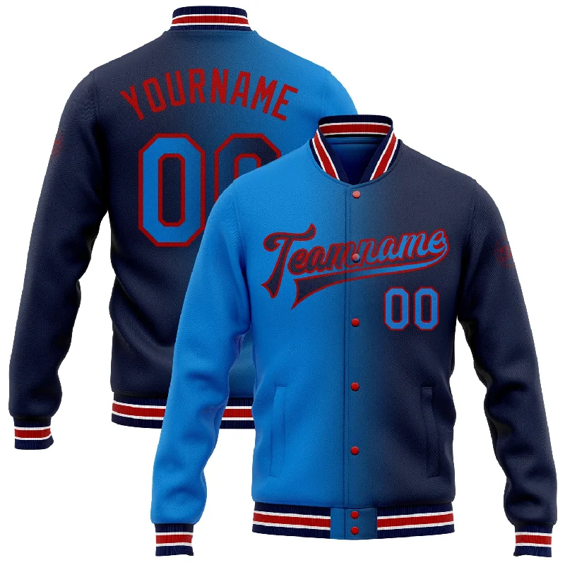 All-Season Unisex Clothing Collection Best Deals Of The Season Custom Navy Powder Blue-Red Bomber Full-Snap Varsity Letterman Gradient Fashion Jacket All-Season Unisex Clothing Collection Best Deals Of The Season Custom Navy Powder Blue-Red Bomber Full-Snap Varsity Letterman Gradient Fashion Jacket