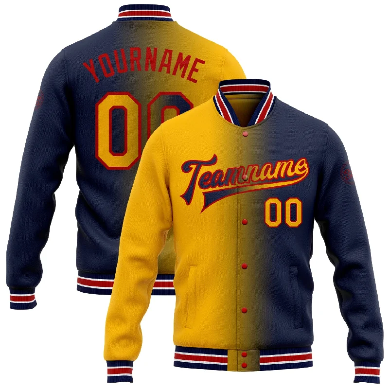 Everyday Wear For Men And Women Hot Items Custom Navy Gold-Red Bomber Full-Snap Varsity Letterman Gradient Fashion Jacket Everyday Wear For Men And Women Hot Items Custom Navy Gold-Red Bomber Full-Snap Varsity Letterman Gradient Fashion Jacket