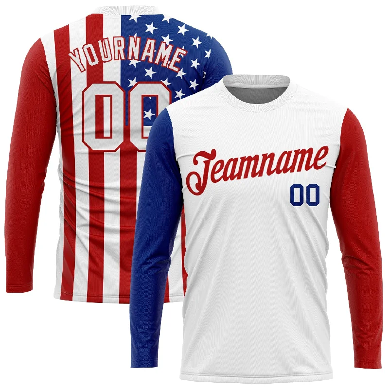 Versatile And Stylish Unisex Apparel Budget-Friendly Fashion Custom White White Red-Royal American Flag Fashion 3D Long Sleeve Performance T-Shirt