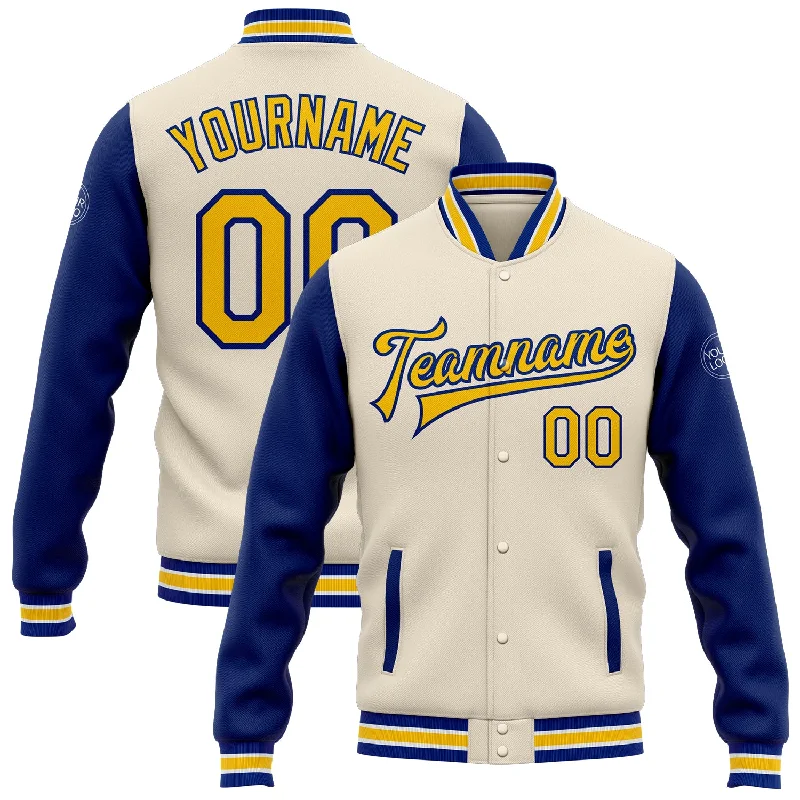Trendy Unisex Valentine's Special Custom Cream Yellow-Royal Bomber Full-Snap Varsity Letterman Two Tone Jacket Trendy Unisex Valentine's Special Custom Cream Yellow-Royal Bomber Full-Snap Varsity Letterman Two Tone Jacket