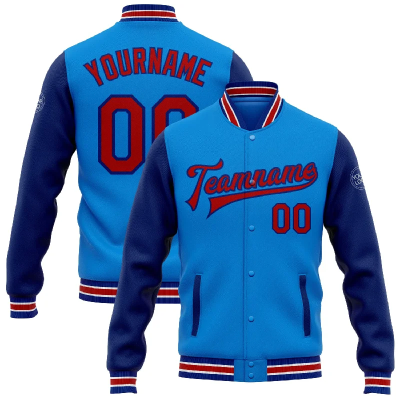 Chic And Casual Unisex Fashion Trends Limited Time Custom Powder Blue Red-Royal Bomber Full-Snap Varsity Letterman Two Tone Jacket Chic And Casual Unisex Fashion Trends Limited Time Custom Powder Blue Red-Royal Bomber Full-Snap Varsity Letterman Two Tone Jacket