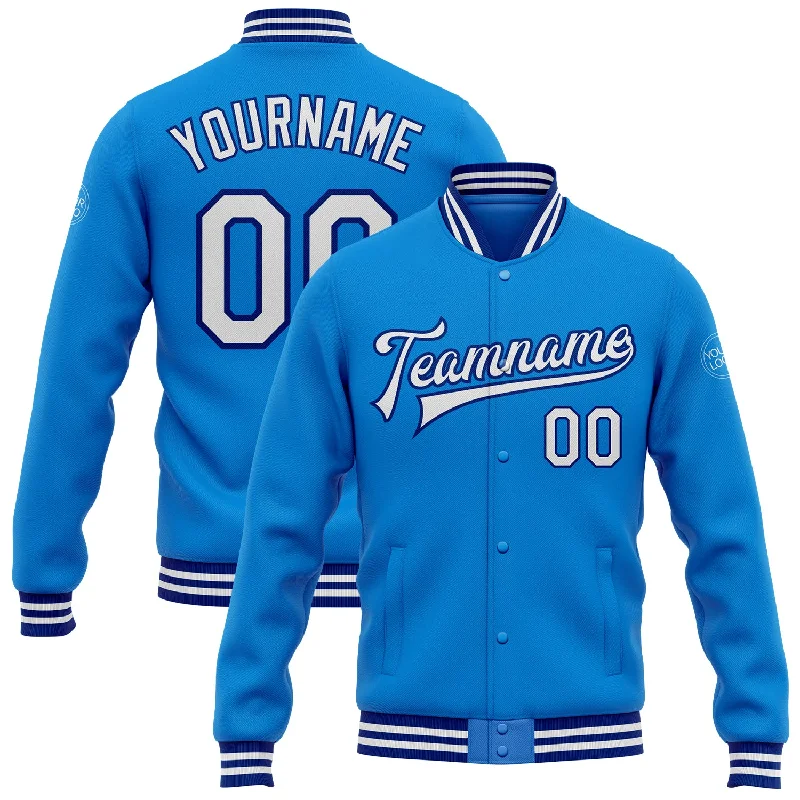 Oversized Unisex Apparel For Effortless Style Contemporary Casual Deals Custom Powder Blue White-Royal Bomber Full-Snap Varsity Letterman Jacket