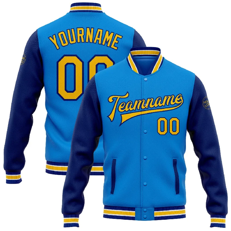Urban-Inspired Unisex Fashion Pieces Popular Collection Custom Powder Blue Yellow-Royal Bomber Full-Snap Varsity Letterman Two Tone Jacket Urban-Inspired Unisex Fashion Pieces Popular Collection Custom Powder Blue Yellow-Royal Bomber Full-Snap Varsity Letterman Two Tone Jacket