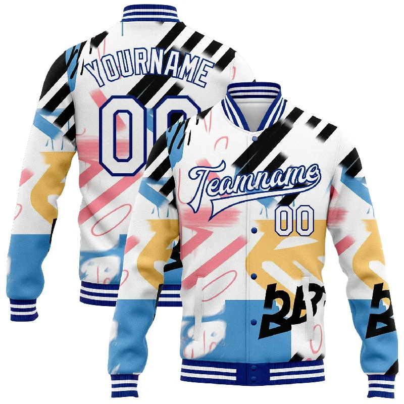 Classic And Timeless Gender-Neutral Fashion Massive Selection Sale Custom Graffiti Pattern White-Royal Grunge Art 3D Bomber Full-Snap Varsity Letterman Jacket Classic And Timeless Gender-Neutral Fashion Massive Selection Sale Custom Graffiti Pattern White-Royal Grunge Art 3D Bomber Full-Snap Varsity Letterman Jacket