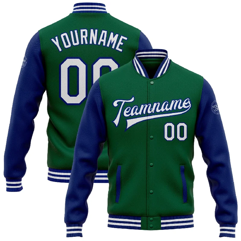 Versatile And Stylish Unisex Apparel Fashion Forward Custom Kelly Green White-Royal Bomber Full-Snap Varsity Letterman Two Tone Jacket Versatile And Stylish Unisex Apparel Fashion Forward Custom Kelly Green White-Royal Bomber Full-Snap Varsity Letterman Two Tone Jacket