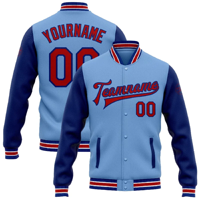 Classic And Timeless Unisex Style Save Big Custom Light Blue Red-Royal Bomber Full-Snap Varsity Letterman Two Tone Jacket Classic And Timeless Unisex Style Save Big Custom Light Blue Red-Royal Bomber Full-Snap Varsity Letterman Two Tone Jacket