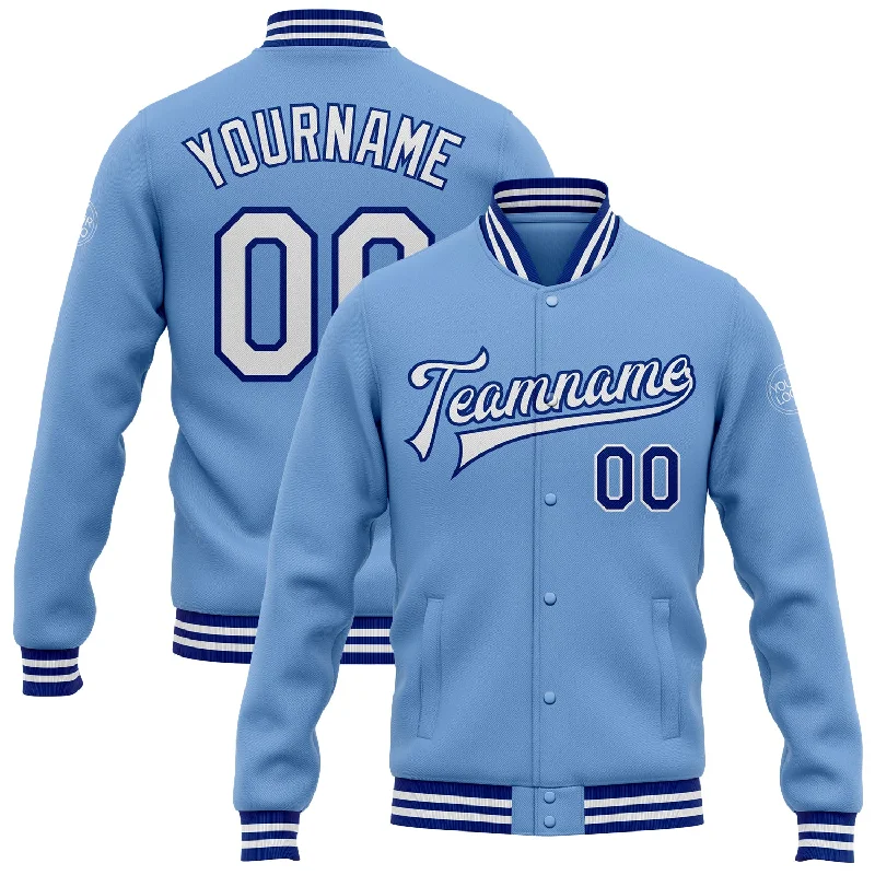 Urban-Inspired Unisex Fashion Trends Budget Saver Custom Light Blue White-Royal Bomber Full-Snap Varsity Letterman Jacket