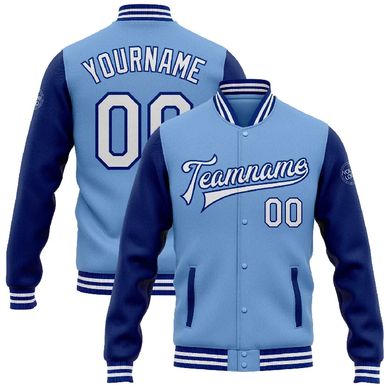 Sleek And Contemporary Gender-Free Outfits Casual Fashion Custom Light Blue White-Royal Bomber Full-Snap Varsity Letterman Two Tone Jacket Sleek And Contemporary Gender-Free Outfits Casual Fashion Custom Light Blue White-Royal Bomber Full-Snap Varsity Letterman Two Tone Jacket