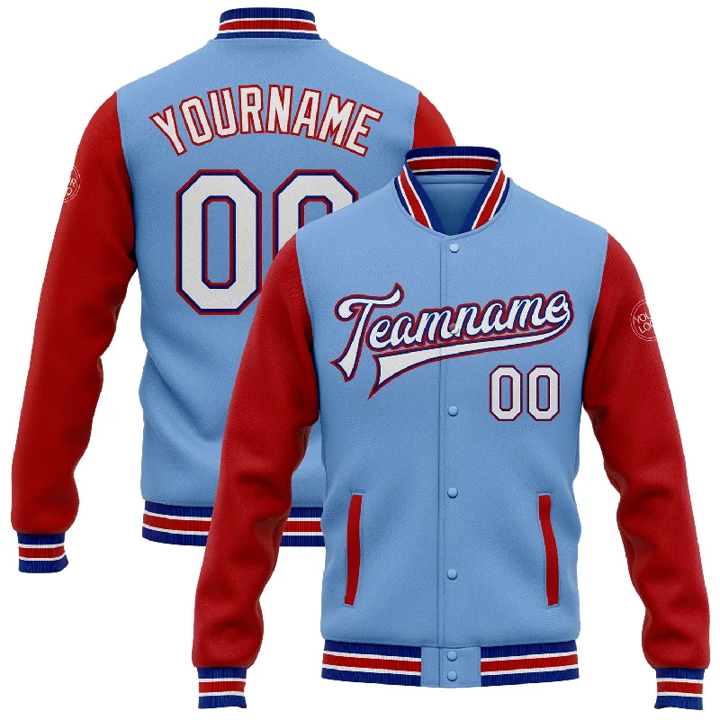 Chic And Contemporary Unisex Clothing Choices Fashionista Favorites Custom Light Blue White Royal-Red Bomber Full-Snap Varsity Letterman Two Tone Jacket Chic And Contemporary Unisex Clothing Choices Fashionista Favorites Custom Light Blue White Royal-Red Bomber Full-Snap Varsity Letterman Two Tone Jacket