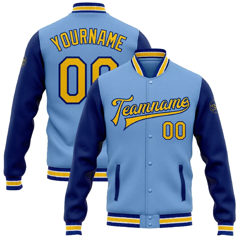 Minimalist Unisex Wardrobe Must-Haves Stylish Savings Custom Light Blue Yellow-Royal Bomber Full-Snap Varsity Letterman Two Tone Jacket Minimalist Unisex Wardrobe Must-Haves Stylish Savings Custom Light Blue Yellow-Royal Bomber Full-Snap Varsity Letterman Two Tone Jacket