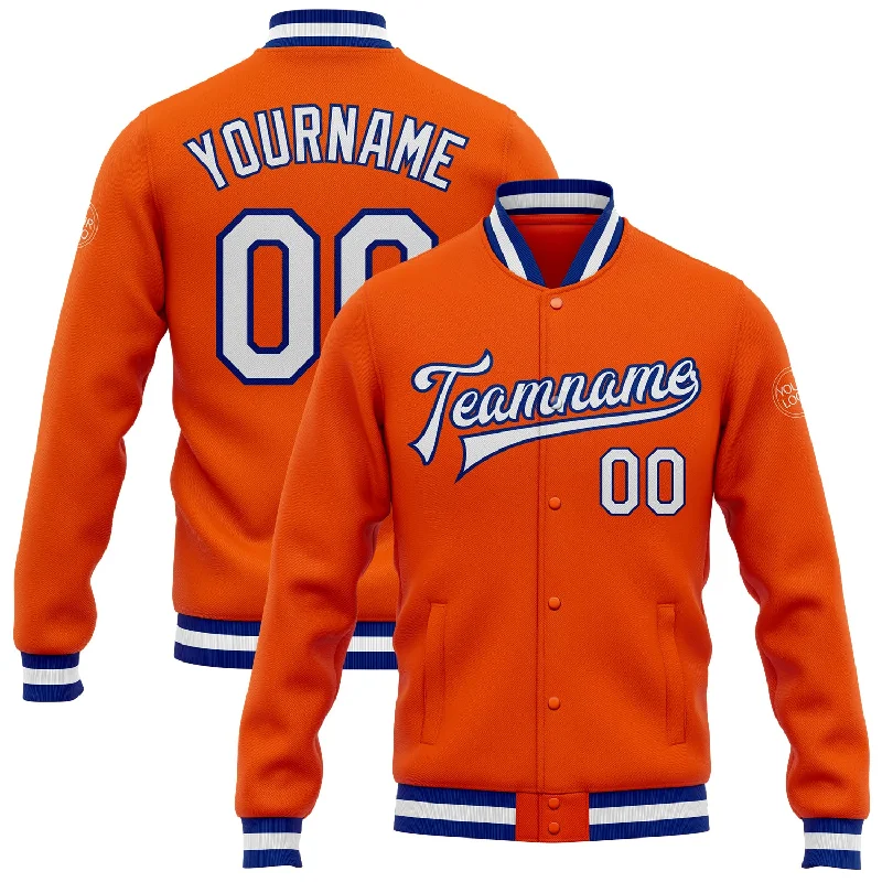 Oversized Unisex Apparel For Effortless Style Affordable Luxury Fashion Custom Orange White-Royal Bomber Full-Snap Varsity Letterman Jacket