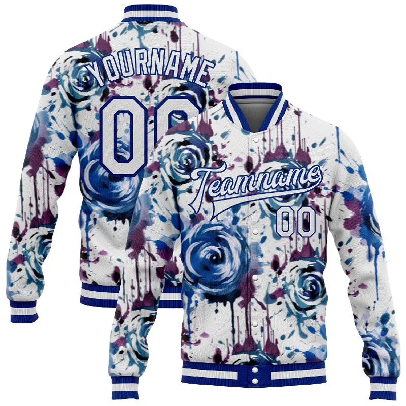 Unisex Casual Wear For All Seasons Edgy Fashion Deals Custom White Royal Drip Painting Rose 3D Pattern Design Bomber Full-Snap Varsity Letterman Jacket Unisex Casual Wear For All Seasons Edgy Fashion Deals Custom White Royal Drip Painting Rose 3D Pattern Design Bomber Full-Snap Varsity Letterman Jacket