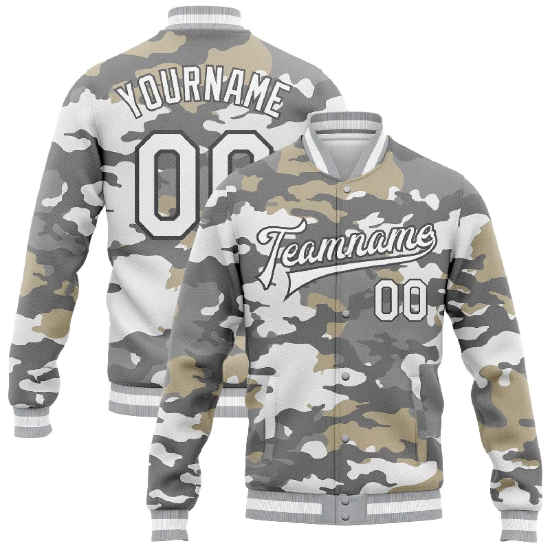Gender-Neutral Clothing Styles On-Trend Fashion Offers Custom Camo White-Steel Gray Snow Camouflage 3D Bomber Full-Snap Varsity Letterman Salute To Service Jacket