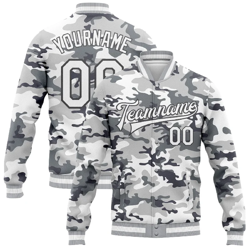 Versatile Unisex Layering Pieces Retro Style Promotions Custom Camo White-Steel Gray Snow Camouflage 3D Bomber Full-Snap Varsity Letterman Salute To Service Jacket