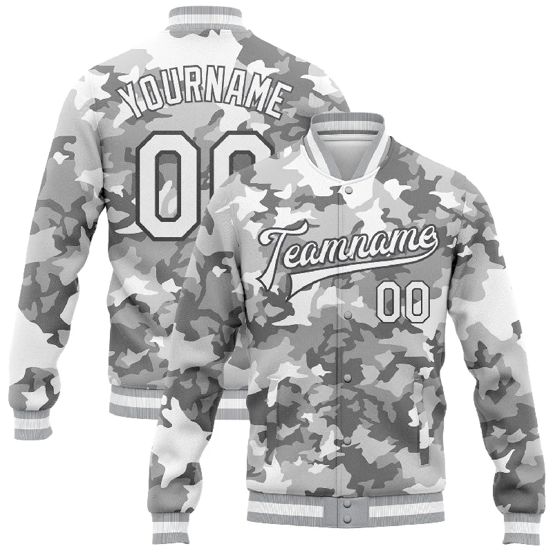 Functional And Stylish Unisex Wear Smart Casual Deals Custom Camo White-Steel Gray Snow Camouflage 3D Bomber Full-Snap Varsity Letterman Salute To Service Jacket