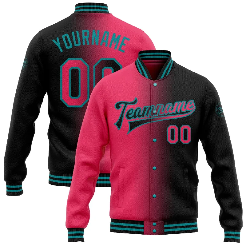 Sleek And Comfortable Unisex Wear Explore What'S New Custom Black Neon Pink-Teal Bomber Full-Snap Varsity Letterman Gradient Fashion Jacket Sleek And Comfortable Unisex Wear Explore What'S New Custom Black Neon Pink-Teal Bomber Full-Snap Varsity Letterman Gradient Fashion Jacket